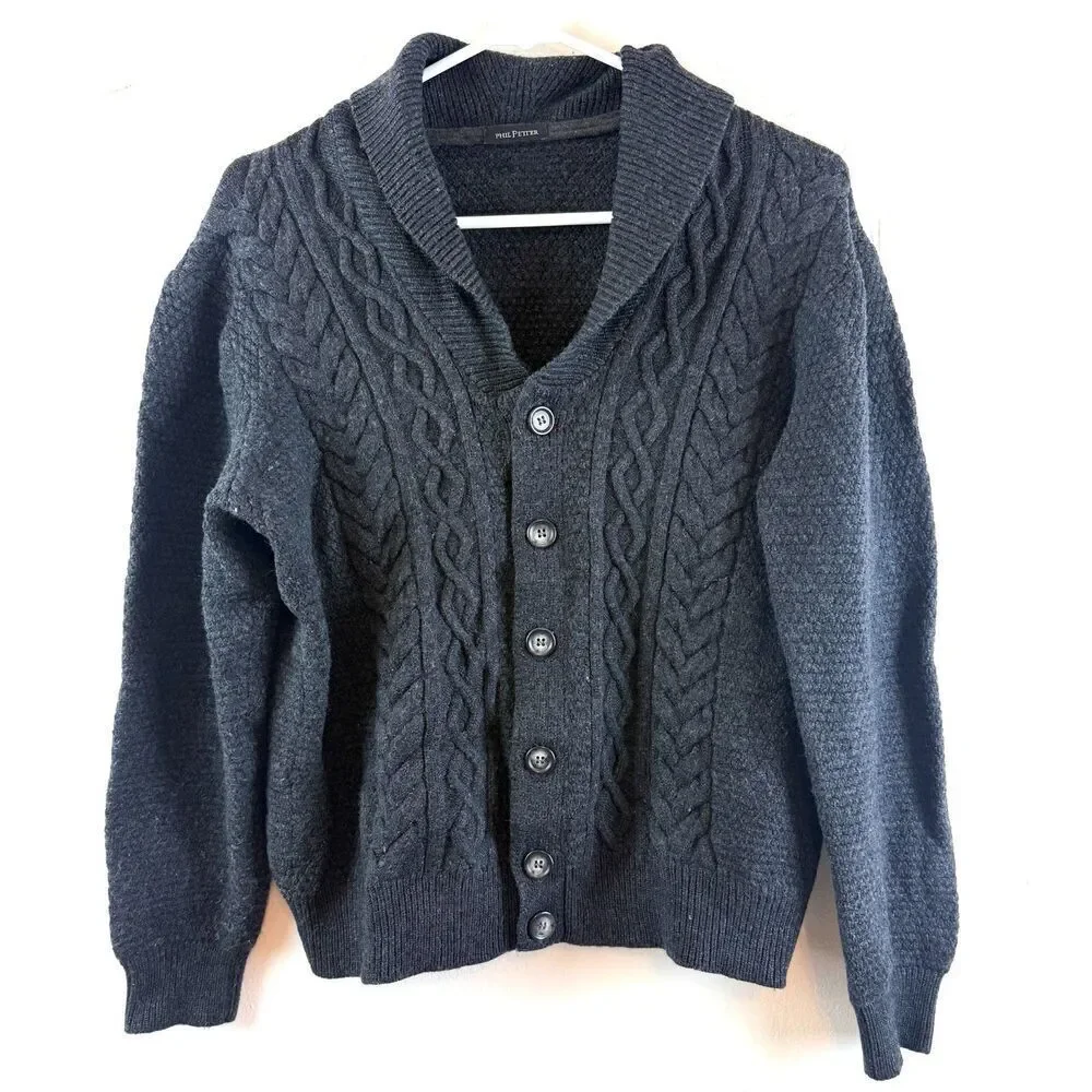 PHIL PETTER Cardigan Sweater Cableknit Fisherman Gray Merino Wool Men Size L